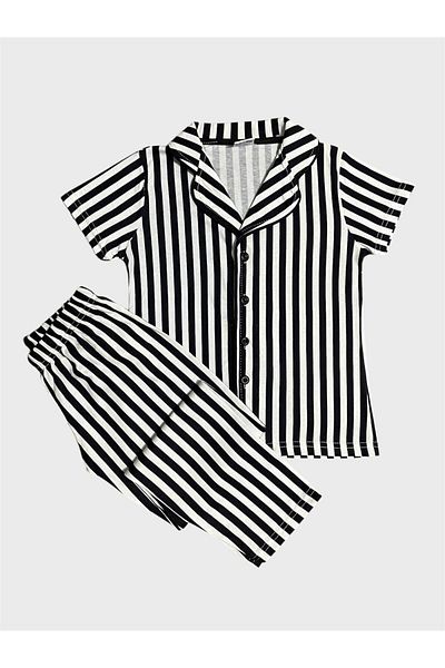 tusem butik homewear Лятна пижама за момче, 100% памучна, черна, раирана, с копчета и къс ръкав