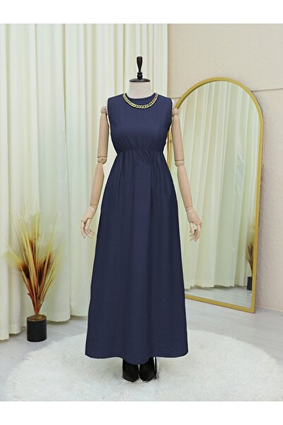 Modamorfo Metal Buttoned Tie Waist Shirt Gilet Dress - Navy