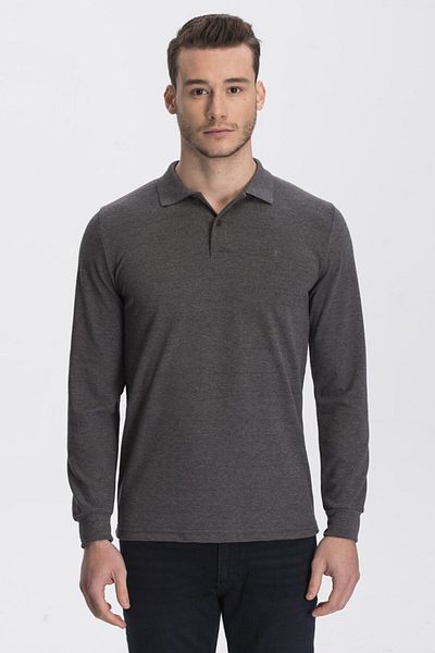 hateko Tricou cu mânecă lungă, gri din bumbac, cu gât polo, afumat