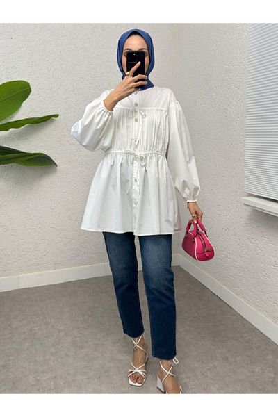 Modamorfo Buttoned Shirt Tunic with Lace-Up Front Detail - Ecru