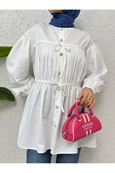 Modamorfo Сорочка-туніка з шнурівкою спереду та ґудзиками по всій довжині - Екрю