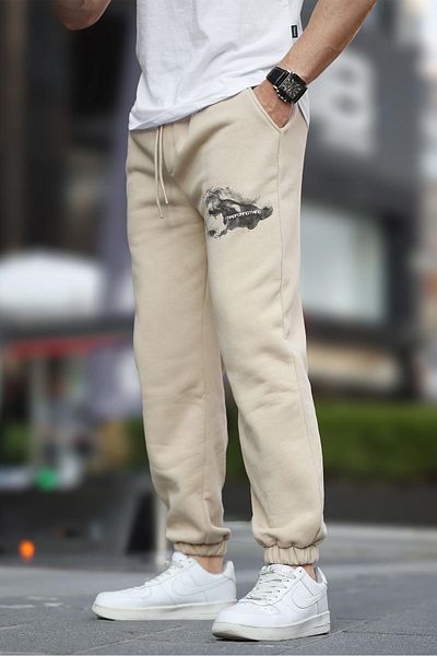 Madmext Beige Herren-Jogginghose – elastisches Bein, Taschendetail, bedruckt 6553