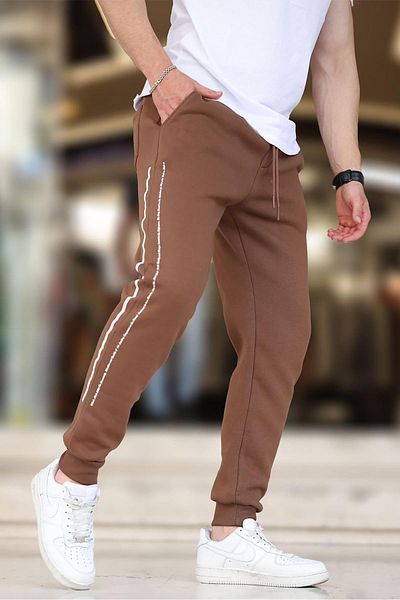 Madmext Ανδρικό Sweatpants 6551 - Καφέ, ελαστικό τύπωμα ποδιών και πλαϊνής ρίγας