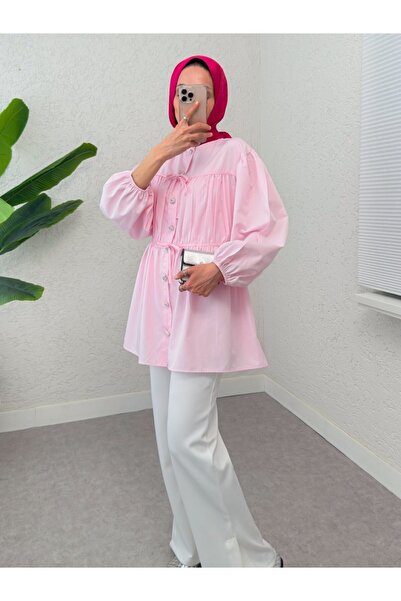 Modamorfo Buttoned Shirt Tunic with Lace-Up Front Detail - Powder