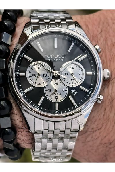 Ferrucci Silver-Black,Functions Active, Steel Cord, in Gift Box,Men's Wristwatch Bracelet