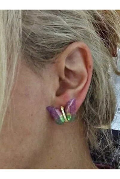 mos&more Çelik Yeşil Pembe Kelebek Hafif Şık Kadın Küpe