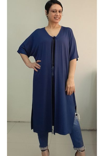 Mertcan Butik Navy Blue V-Neck Front Lacing Bat Low Arm Combed Viscose Short-Sleeve Vest Coat