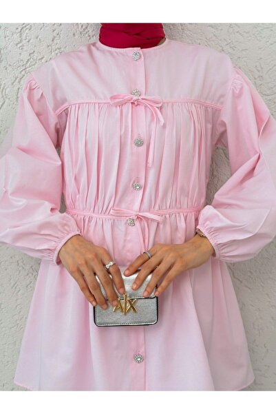 Modamorfo Buttoned Shirt Tunic with Lace-Up Front Detail - Powder