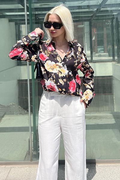 Madmext Cămașă neagră din satin cu modele florale Mg1787