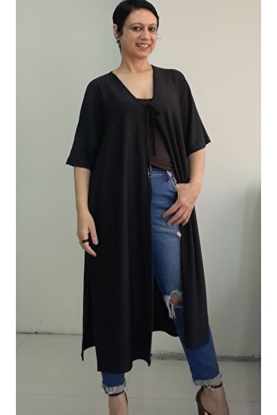 Mertcan Butik Black V-Neck Front Lacing Bat Low Sleeve Combed Viscose Vest Coat