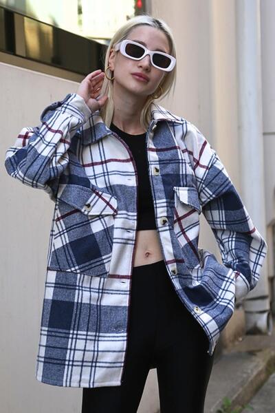 Madmext Lacivert Ekoseli Kadın Gömlek MG1915