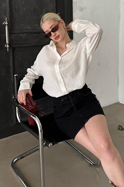 Madmext Biała koszula oversize w paski z długim rękawem - MG2080