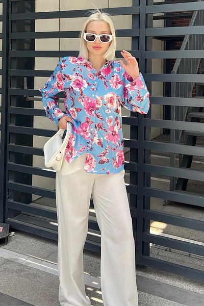 Madmext Cămașă albastră din satin cu modele florale Mg1787