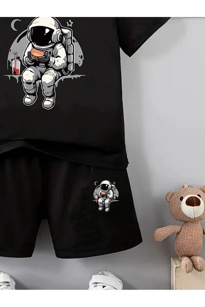 vinraus Girl\Boy's Black Astronaut Hamburger Printed Shorts-Tshirt Set