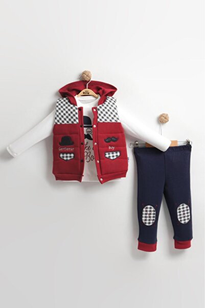 Mini Baray Erkek Bebek Bıyıklı Şişme Yelekli Pamuklu 3’lü Takım (6-9-12 Ay) - Renk Seçenekli