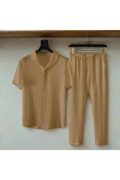Fifty Color Alaçatı Style Men's Wrinkled Crinkle Fabric Summer Lycra Polo Collar Tshirt and Sweatpants Suit Combination