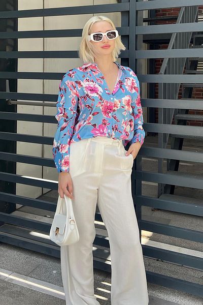 Madmext Cămașă albastră din satin cu modele florale Mg1787