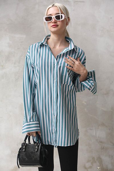 Madmext Türkis gestreiftes Oversize Damen Shirt Mg1688