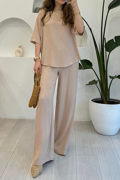 Suzi Short Sleeve Bluz Beli Lasticated Pant Suit 1431