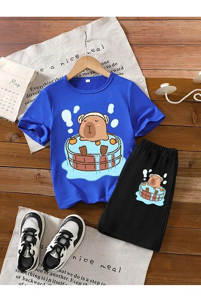 vinraus Girl\Boy Saks Blue-Black Capybara Pool Printed Combed Cotton Shorts-Tshirt Set