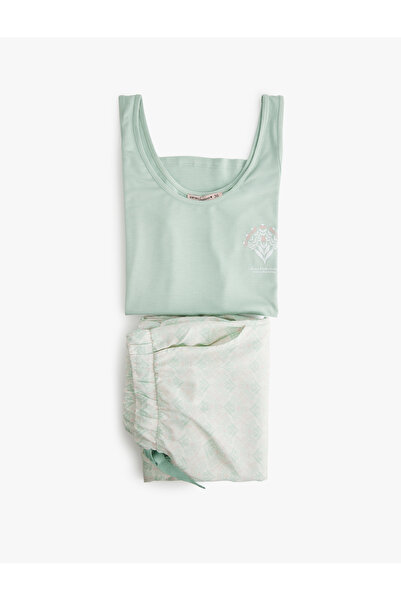 Koton Σετ πιτζάμες με φαρδύ πόδι αμάνικο με λαιμόκοψη από βισκόζη