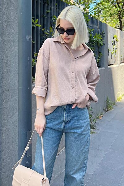 Madmext Bej Uzun Kollu Çizgili Oversize Gömlek MG2080