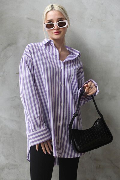 Madmext Lila gestreiftes Oversize Damen Shirt Mg1688