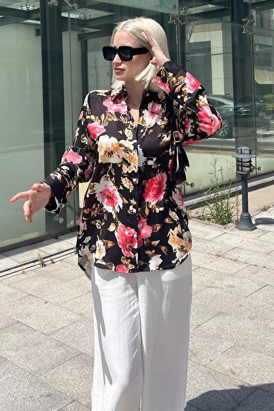 Madmext Siyah Çiçek Desenli Saten Gömlek Mg1787