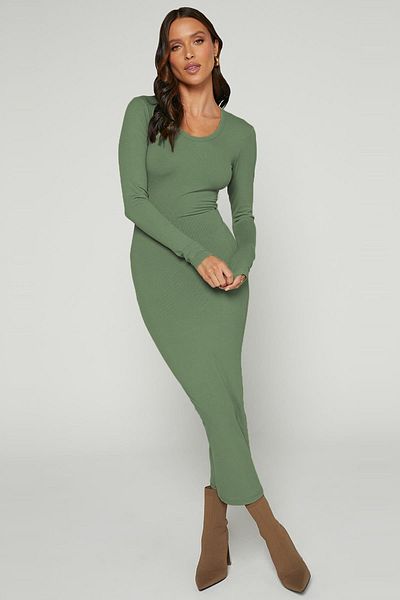 Madmext Rochie de bază verde cu mânecă lungă, cu gât turnu, MG1985
