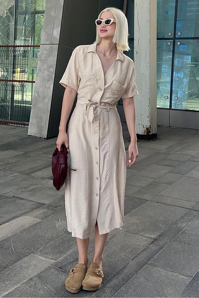 Madmext Béžové dlouhé šaty - Košilový límec, Detail kapsy, Zapínání MG2083