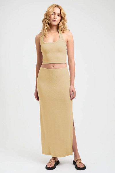 Madmext Bézs Basic Slit részletes női hosszú szoknya Mg1650