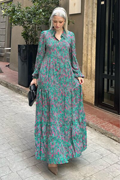 Madmext Πράσινο φλοράλ φόρεμα με λαιμό πόλο με μισό κουμπί με ελαστικό αστραγ...