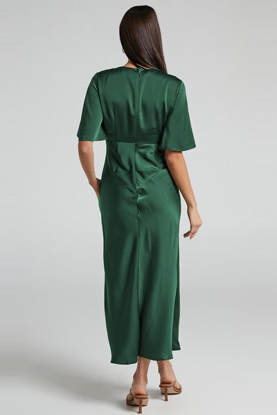 Madmext Yeşil Midi Boy Kısa Kollu Saten Elbise MG2013