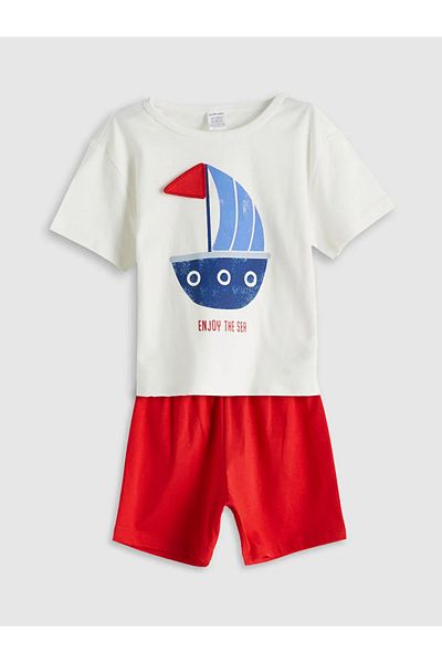 LC Waikiki Ecru Crew Neck Printed Baby Boy T-Shirt and Shorts Set of 2
