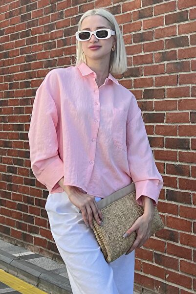 Madmext Pembe Çizgili Oversize Kadın Gömlek MG2093