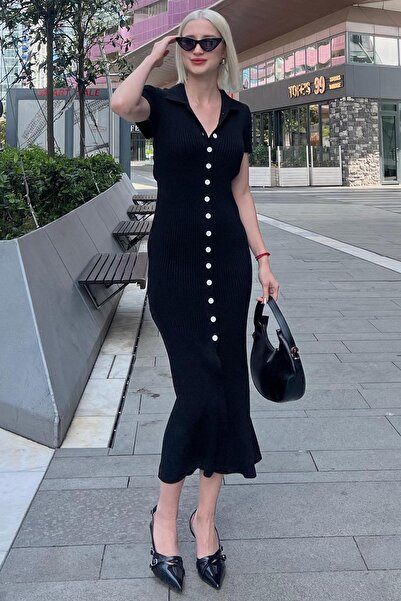 Madmext Siyah Düğmeli V Yaka Uzun Triko Elbise MG2078