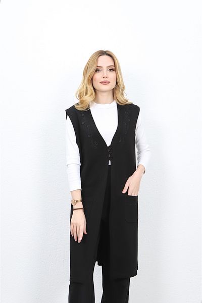 Özenli Triko Black Steel Mesh Tunic and Vest for Mom - with Chest Embroidery