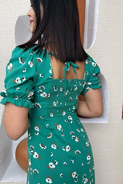 Madmext Zelené midi šaty s květinovým vzorem s balonovým rukávem Mg1820