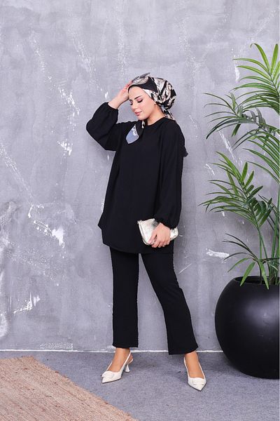 zümrüt moda Chain Detailed , Balloon Sleeve Tunic and Pants, Double Tunic Suit 1407
