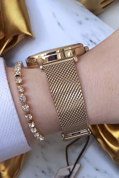 Daniel Klein With Replacement Cream Leather Strap, Golden Yellow Mesh Steel Bracelet Women Wristwatch, with Rhinestone Bracelet Gift