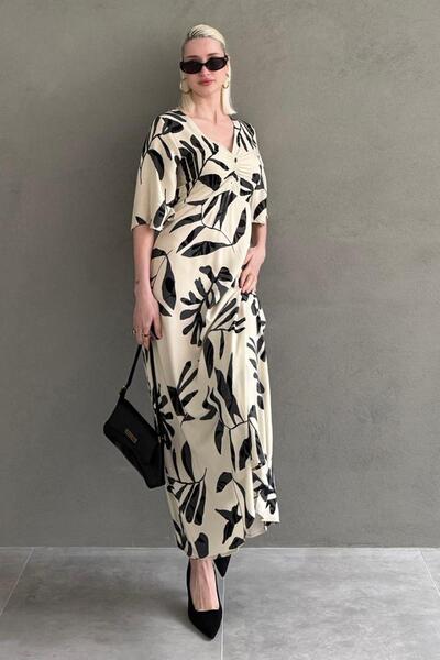 Madmext Ekru Desenli Yarım Kollu Elbise MG2395
