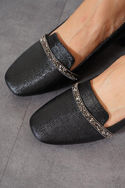 Moda Pie Denas Tek Şerit Taşlı Kadın Topuklu Ayakkabı Siyah Nova