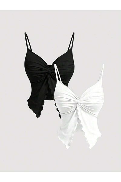 poswicon 2Pcs Black and White Front Twist Thin Strap Alaçatı Crop