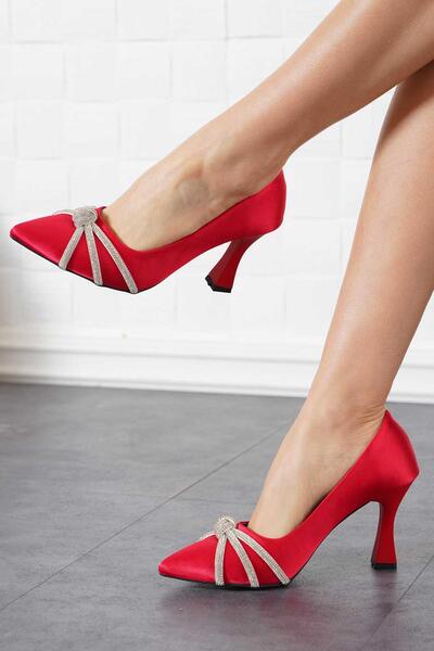 Moda Pie Caly Ağ Örgülü Topuklu Kadın Ayakkabı Kırmızı Saten