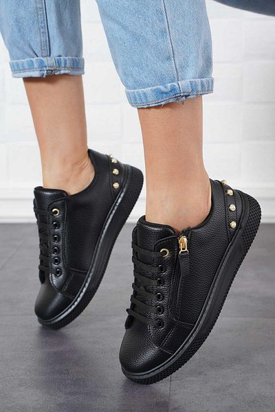 Moda Pie Pantofi sport Delpa pentru femei cu perle din spate piele neagră