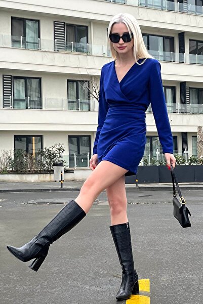 Madmext Saks duplasoros gallér nyakkendő részletes női ruha Mg1629