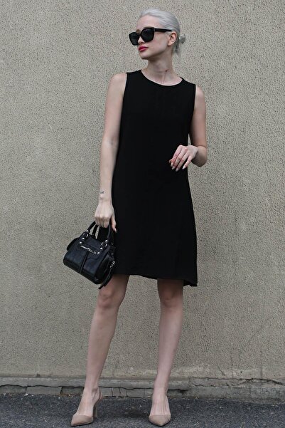 Madmext Siyah Sıfır Kol Salaş Keten Elbise Mg1831