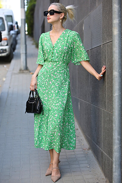 Madmext Green Half Sleeve Long Dress MG1889
