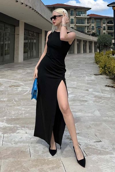 Madmext Μαύρο Maxi Μήκος Σχιστό Λεπτομερές Γυναικείο Φόρεμα Mg2367