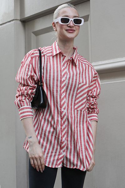 Madmext Red Striped Oversize Women's Shirt Mg1729